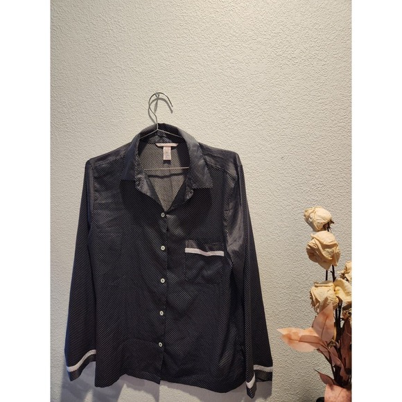 Victoria's Secret Other - Victoria's Secret Satin Black Polka Dot Pajama Top Size M Medium Button Down